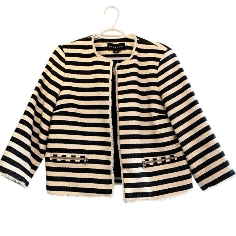 NWT Metaphor L Cruise Heavy Cotton Stripped Black Cream Open Front Jacket Sz L